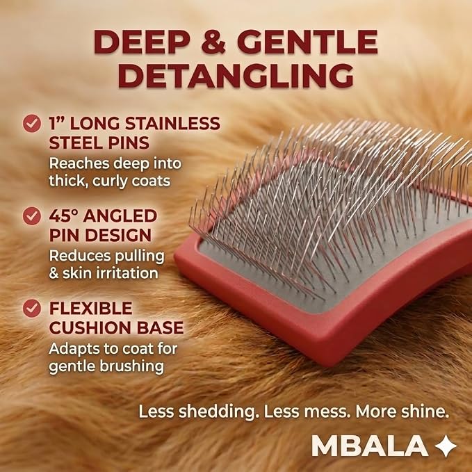 Dog Slicker Brush for Doodles, Goldendoodles & Labradoodles – Extra Long Pin Brush for Dematting & Deshedding – Removes Tangles, Knots & Loose Hair – Wooden Handle for Thick, Curly Coats (Large)
