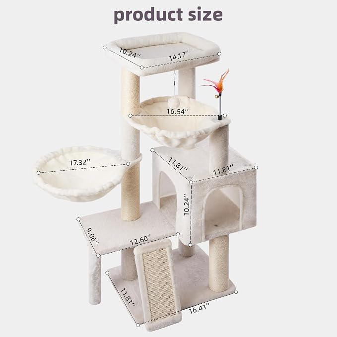 Cat Tree with Cat Condo and Two Hammocks, Cat Tree with Scratching Posts and Scratching Pads, Cat Tower for Indoor Cats, Activity Centre Climbing Tree with Playful Toy Balls, Beige