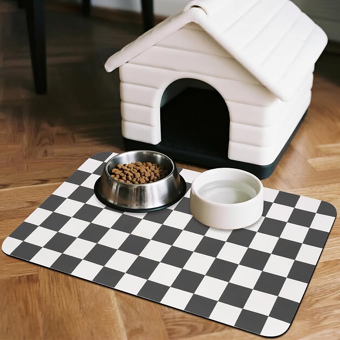 CooRug Checkered Dog Food Mat, Pet Feeding Mat 32" L x 17" W, Black | Absorbent, Leak-Proof, Anti-slip, Quick Dry, Eco-friendly Materials, Easy to clean and store, For Messy Drinkers