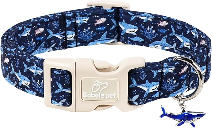 Blue Shark Dog Collar, Cute Boy Dog Collars for Medium Dogs - Summer Ocean Pattern Female Male Dogs Collar, Durable Adjustable Pet Cartoon Collars with Quick Release Buckle M