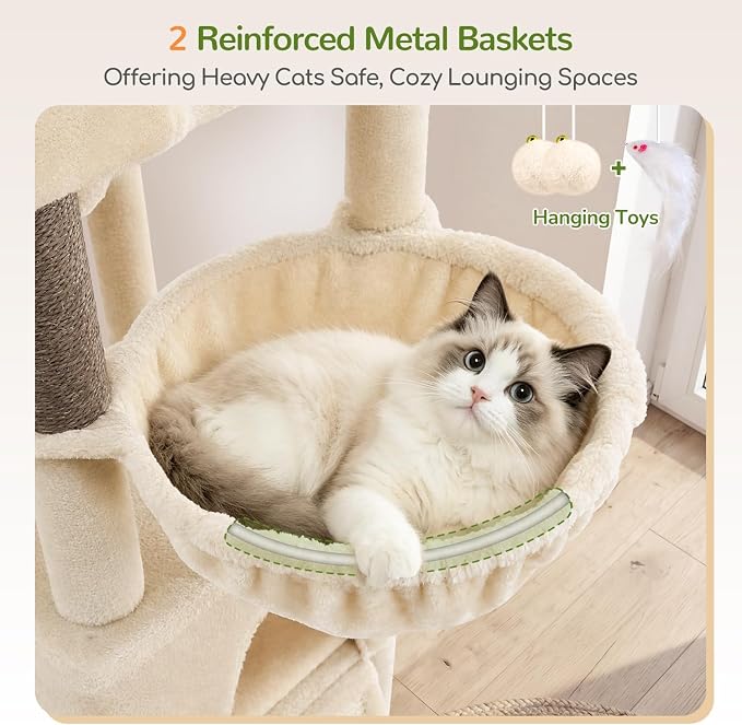 Globlazer 84in Extra Tall Cat Tree Tower for Indoor Large Cats 20lbs, F84G | Multi-Level Big Climbing Tower, 7 Scratching Posts & Board, 2 Cat Condos with Pad, 2 Soft Perches, 2 Sturdy Baskets, Beige