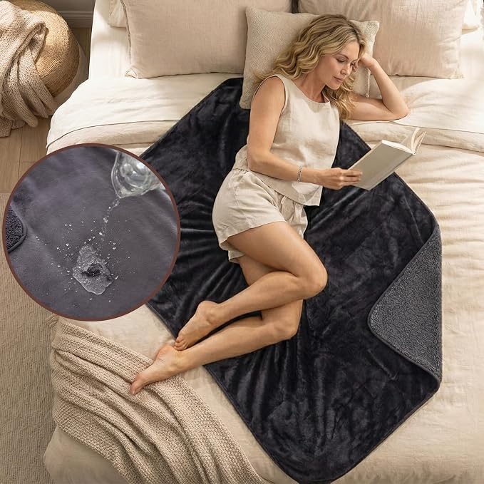 Waterproof Blanket for Couch, Sofa, Pets- Plush Water Proof Throw Blanket to Protect Furniture, Stain Resistant, Leak-Proof, Double-Sided, Reversible Flannel & Sherpa Fleece, Grey, 40"x60"