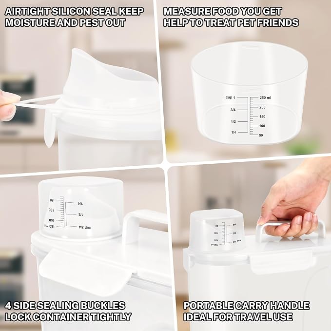 Dog Cat Food Storage Container with Cup (White, 5+10L) | Pet Food Pourable Container Airtight with Large Spout, BPA-Free Plastic Food Dispenser for Pet Food, Bird Seed, Rice, Flour