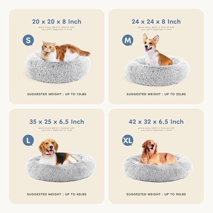 DUMOS Donut Dog Beds for Large Dogs, 37.4x37.4 Inch Machine Washable Cuddler Warming Cozy Fluffy Faux Fur Plush Round Pet Bed, Anti-Slip Bed for Indoor Dogs and Cats, Grey