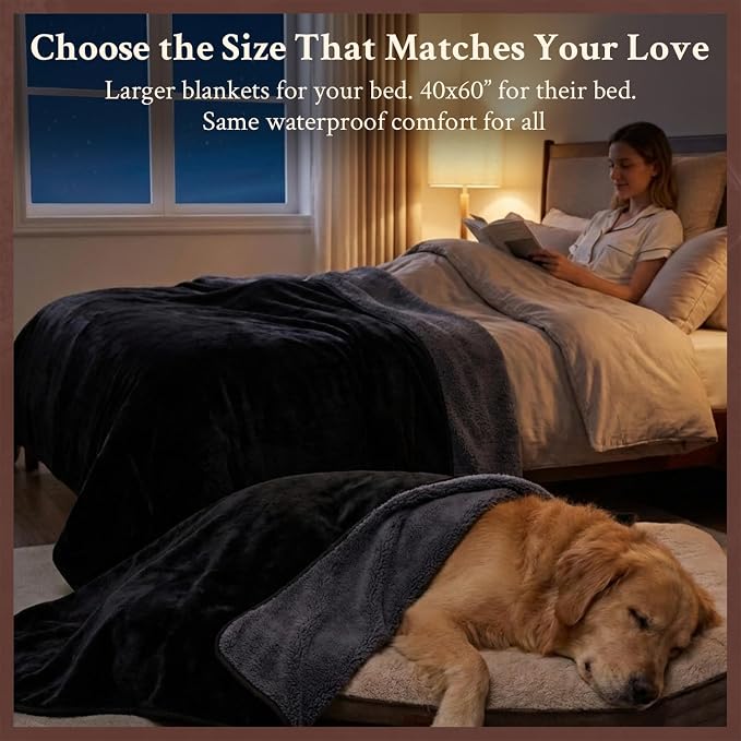 Waterproof Blanket for Bed, Couch, Sofa - Plush Throw Blanket to Protect Furniture, Stain Resistant, Leak-Proof, Double-Sided Flannel & Sherpa Fleece, Reversible Black & Grey, 40"x60"
