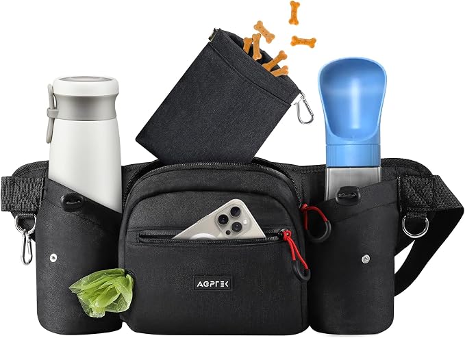 AGPTEK Dog Treat Pouch,Dog Walking Bag | Poop Bag Holder,Dual Bottle Holders,Removable Snack Pouch,black
