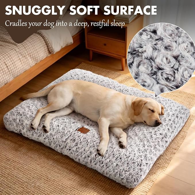 Dog Bed Crate Pad - Rosette Pattern White Velvet Pet Bed Anti-Slip Comfy Kennel Pad for Crates Rosette Brown L