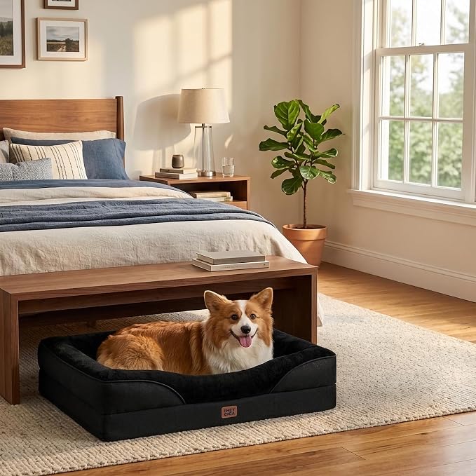 EHEYCIGA Orthopedic Dog Bed for Medium Dog, 35x22 Inch Memory Foam Dog Couch Bed with Sides, Waterproof Liner & Washable Removable Cover, Bolster Pet Sofa, Black