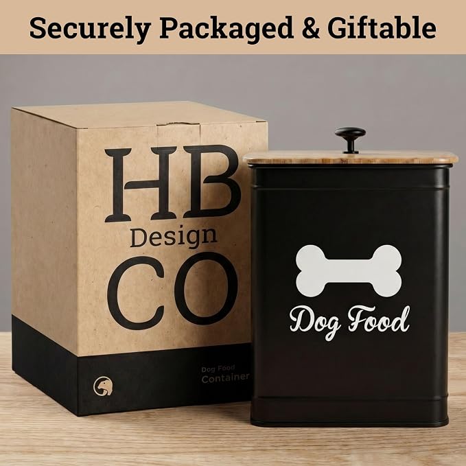Dog Food Container Airtight Bamboo Lid 5-7 lb, 25 Cups, Sturdy Metal Handle | Pet Jar For Dogs up to 50lbs, Airtight Bamboo Lid, Sturdy Comfortable Metal Handle, Powder Coated Iron, Kibble Storage Bin