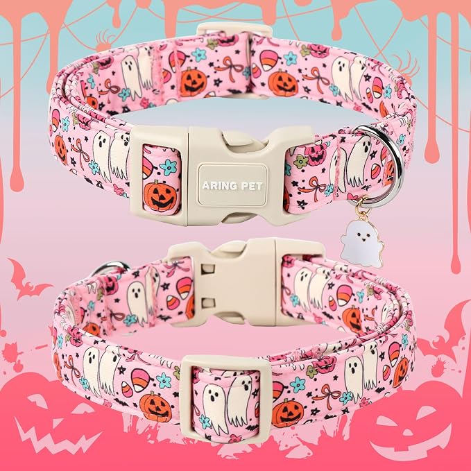 ARING PET Halloween Dog Collars, Cute Pink Pumpkin Ghost Flower Bowtie Pet Collar with Quick Release Buckle for Small Medium Large Girl Boy Dogs-M
