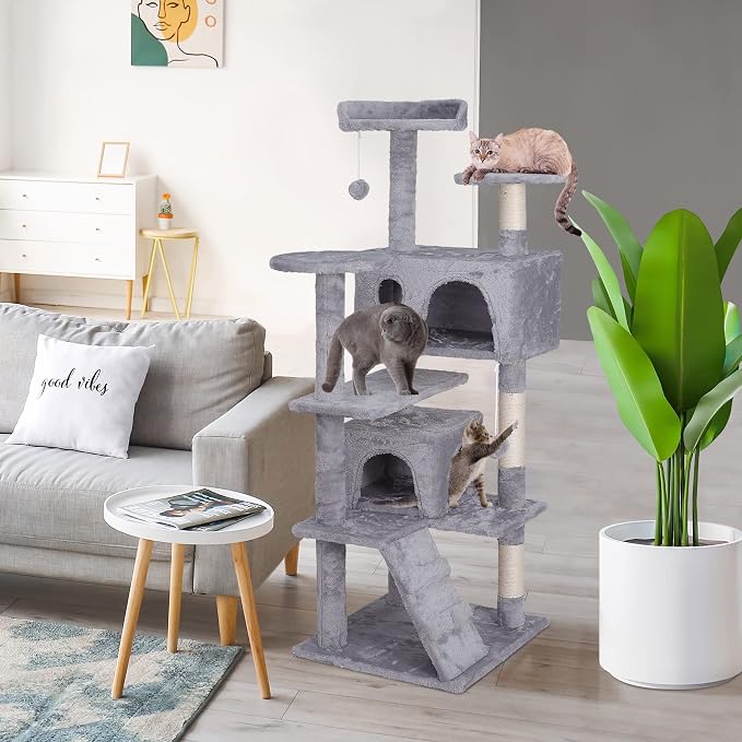 ZENY 54 inches Cat Tree with Sisal-Covered Scratching Posts and 2 Plush Rooms Cat Furniture for Kittens (Light Gray)