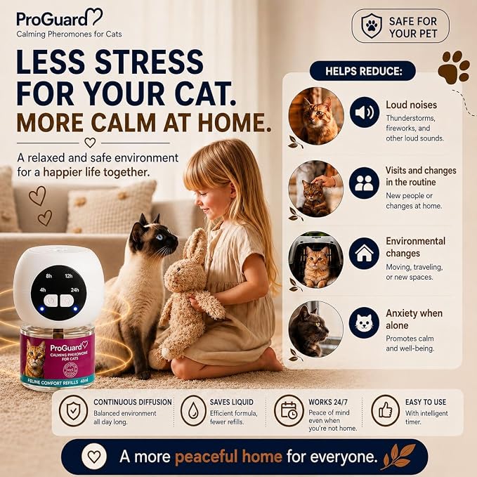 ProGuard® Cat Calming Diffuser Kit with Timer – Advanced Support to Reduce Stress, Spraying, Scratching, Fighting and Hiding – Cat Pheromone Diffuser 9-in-1 with 3 Diffusers with Timer + 6 Refills