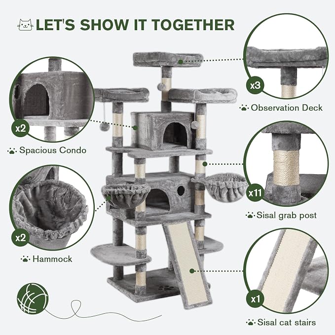 68 Inches Multi-Level Large Cat Tree for Large Kitties/Big Cat Tower with Condo/Cozy Plush Perches/Sisal Scratching Posts and Hammocks/ ‌Feline Activity Center Play House/Grey
