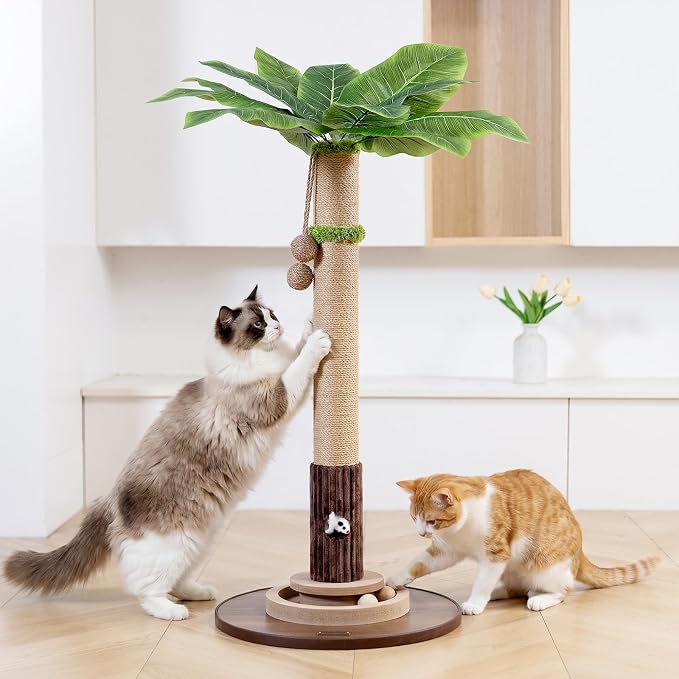 WOOCHPET Cat Scratching Post for Indoor Cats 35" Tall, Sisal Cat Scratcher with Mouse Toy and Track Balls, Wooden Base (Brown)