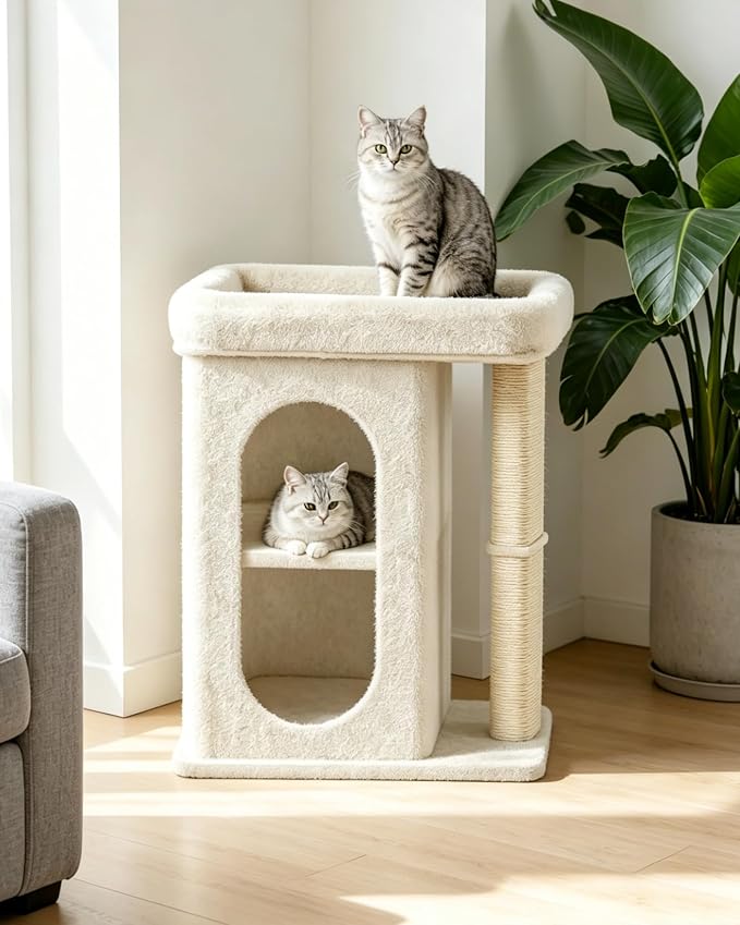 Cat Tree for Large Cat, Small Cat Tower with Large Perch Bed, Scratching Posts, Dual Condos for Indoor Cats Kittens, Beige