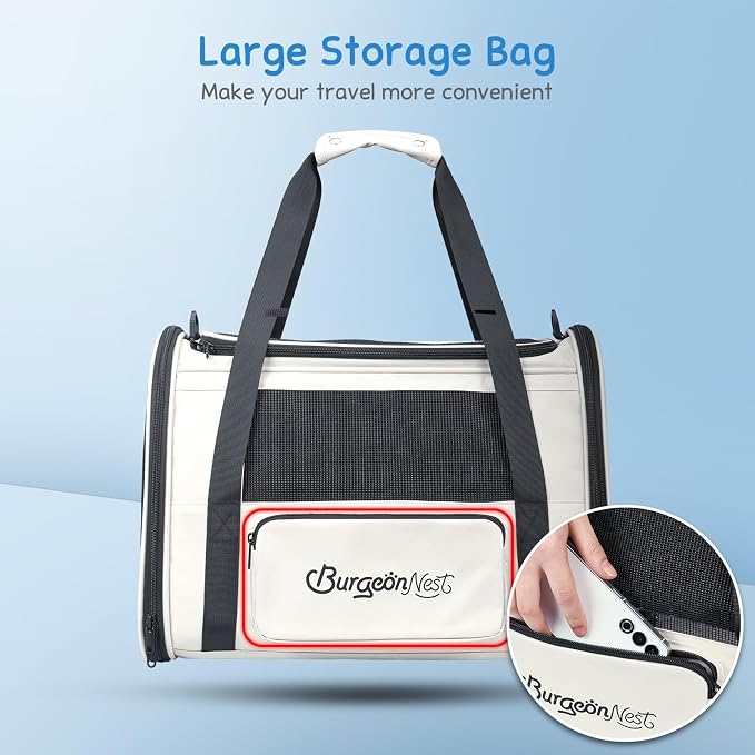 BurgeonNest Pet Carrier for Large Cats, Soft-Sided Cat Carrier for Big Cats and Small Dogs Up to 20 lbs, Top Loading Collapsible Escape-Proof Travel Cat Bag with 4 Mesh Windows & Side Storage, Beige