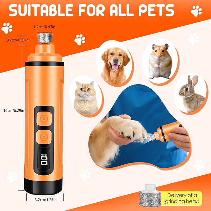 Dog Nail Grinder Electric Powerful 3 Speeds Dog Nail Clippers with Lights Quiet Cat Nail Clipper Painless Care Trimmers Tools for Small Medium Large Dogs and Cats（Orange）