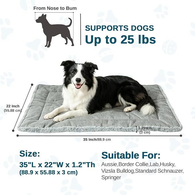 Reversible Dog Crate Mat for Large Dogs,Oxford & Fleece, 35"x22",Light Gray | 1.2" Fill Preserves Crate Height,Fleece Cozy,Wipes Clean,Splash-Proof,Machine Washable, Folds Flat For 30" Wire Crate & Go