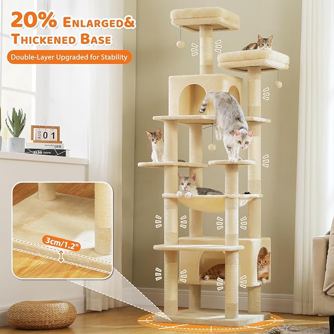 PAWZ Road XXL 81" Cat Tree Large Cats with Big Condos,Perches Sisal Posts | 20"x16" hammock for adult cats, tall cat tower with 7 scratching posts, dual perch and large condo for big maine cats