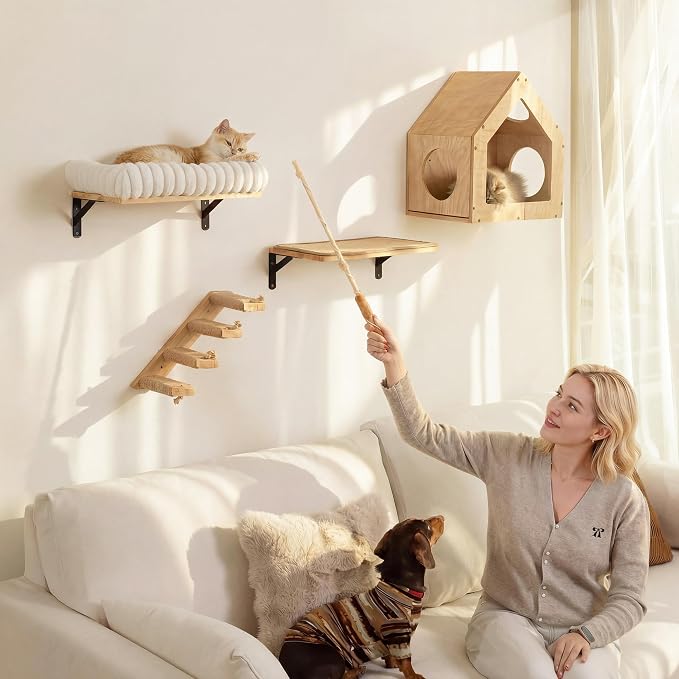 FUKUMARU Cat Wall Shelves, Cat Walls Furniture with Soft Bed, Solid Rubber Wood Floating Shelf, Kitten Window Perch for Sleeping, Playing and Scratching