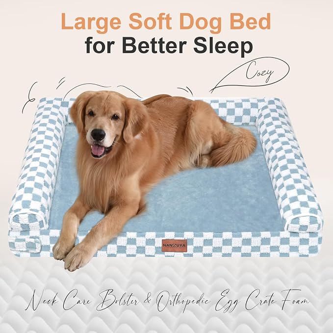 NANUYA Orthopedic Dog Bed for XX-Large Dogs, 44 x 34 Inch, Blue Grid | Egg crate foam for joint support, 3-sided bolster pet sofa, waterproof lining, washable cover, and non-skid base