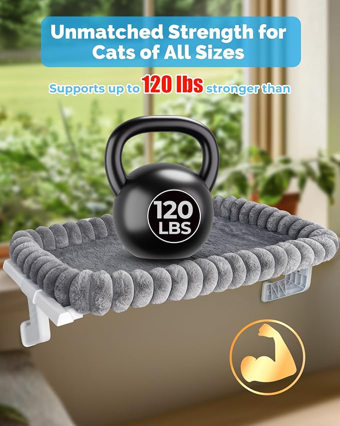 Heavy-Duty Cat Window Perch – Soft, Cozy & Warm Plush Cover with Raised Edge – Durable, Easy-to-Assemble Cat Hammock for Large & Multiple Cats (L, with Raised Edge)