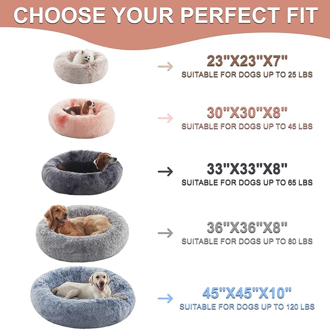 33 inches Donut Dog Bed for Medium Large Dogs,Calming Fluffy Round Pet Bed with Removable & Washable Cover,Fits up to 65 lbs Pets(Tie-dye Pink,M Plus)