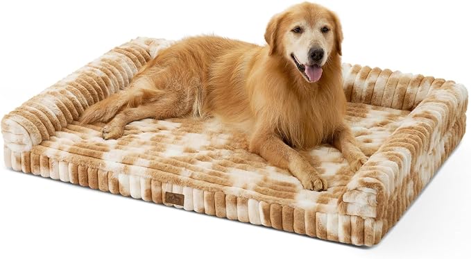 COZY KISS Ultra Soft Faux Rabbit Fur Dog Bed for Extra Large Dogs – 48"x35" Orthopedic Foam Couch, Removable Washable Cover & Waterproof Lining, Tie-Dye Brown