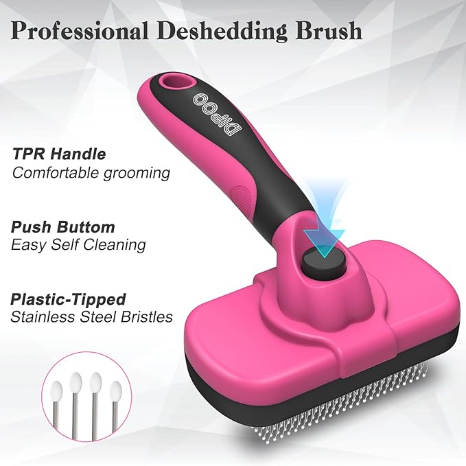 Dipoo Self-Cleaning Pet Grooming Brush - Skin-Friendly Deshedding Tool for Dogs & Cats in Pink, Removes Loose Hair and Tangles