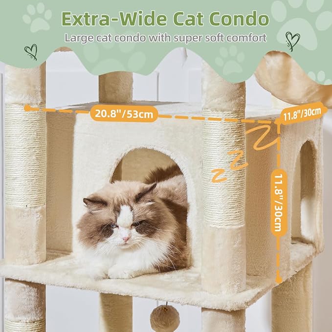 Taoqimiao Heavy-Duty Cat Tree, 71 in Cat Tower for Large Cats 20lbs+ | 3 Giant Multi-Tier Perches, Widened Cat Condo with 9 Scratching Posts, Plush Hammock & Basket, Toys, Beige, MS034M
