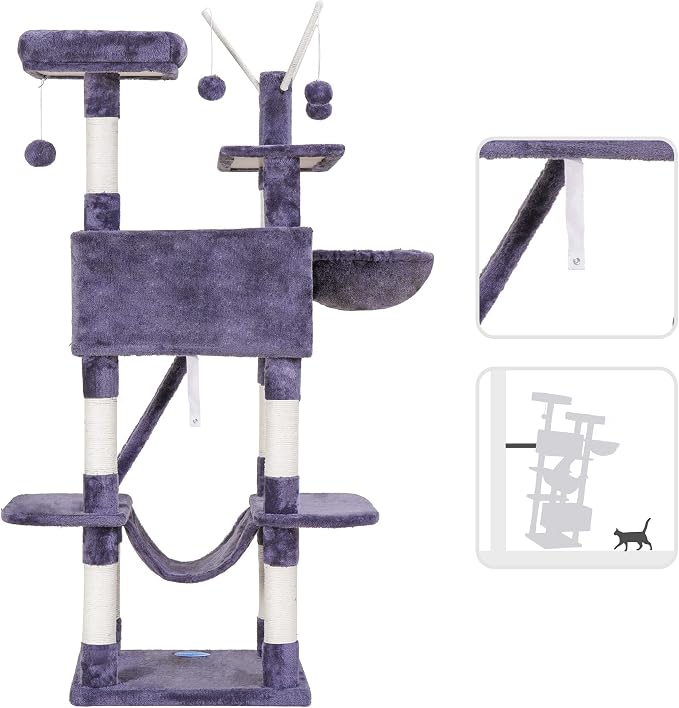 Hey-brother Cat Tree Tower with Padded Platform Bed, Toy Balls, MPJ019G | 61 Inches Cat House with Large Cozy Condo, Plush Hammocks and Sisal Scratching Posts for Indoor Multi-Cats, Smoky Gray