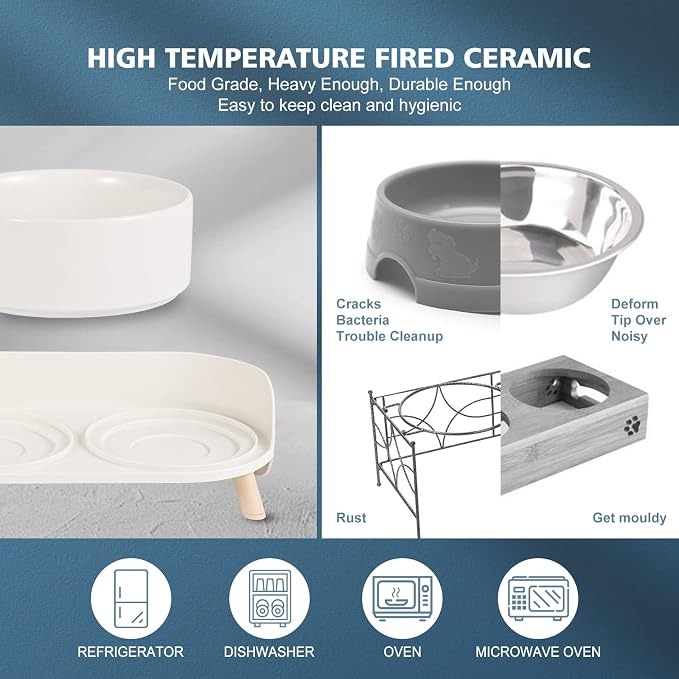 Elevated Ceramic Dog Bowl Set - Double Dog Feeding Bowls with Stand Splash Proof - Raised Dishes for Food and Water - Ideal for Small to Medium Dogs - 2 x 720 ml - 11.3 oz - White