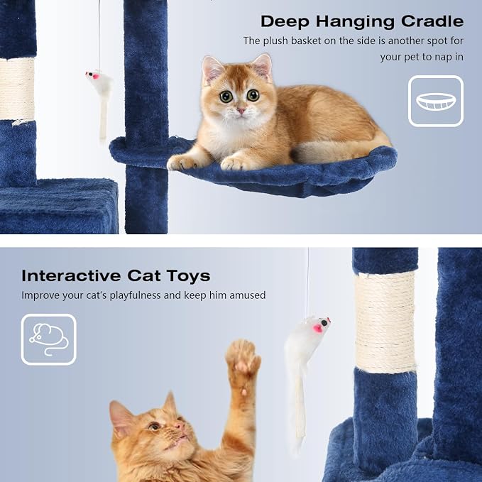 BestPet | 37" Cat Tree Tower | Navy Blue | Sturdy Multi-Level Cat Tree with Plush Condo, Cozy Perch, Sisal Scratching Posts, Hanging Toy and Hammock | Easy Assembly | for Kittens & Adult Cats