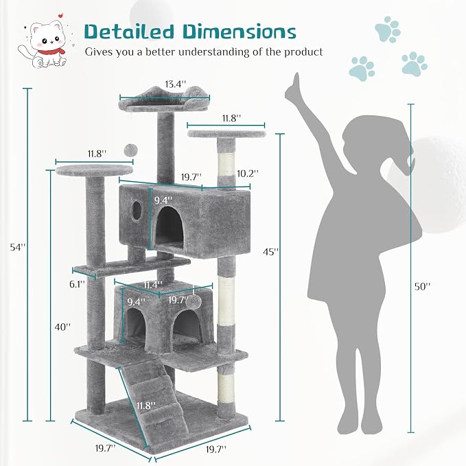 DUMOS 54 Inch Cat Tree Tower with Scratching Posts | Indoor Multi-Level Pet House for Large Cats with 2 Condos, Round Platform, Small Ladder and Toys, Light Grey