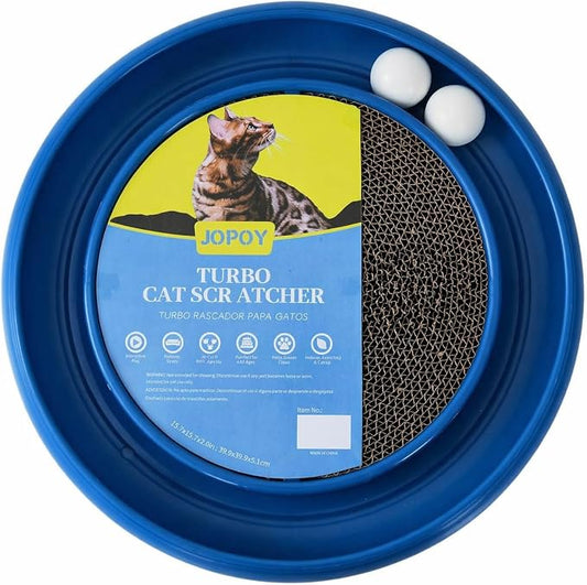 Cat Scratcher Toy Ball Track, Blue | Round Interactive Scratching Board, Exercise Set, Indoor Cats, Adult and Kitten, Mental & Physical Stimulation