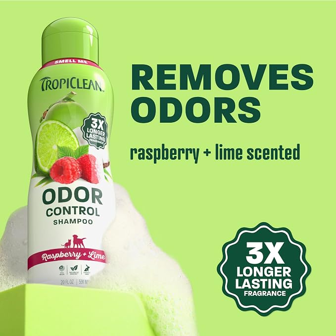 TropiClean Deodorizing Dog Shampoo, Raspberry Lime Scent, 20oz | Powerful Odor Control | Long-Lasting Raspberry Lime Scent | Puppy & Cat Safe | Made in USA