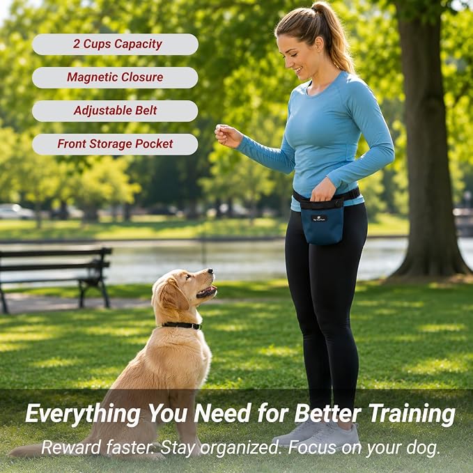 Dog Treat Pouch for Training, Magnetic Closure, Hands-Free (Black) | Dog Treat Bag, Holds Up to 2 Cups, Adjustable Waist Belt for Puppy Training & Walking