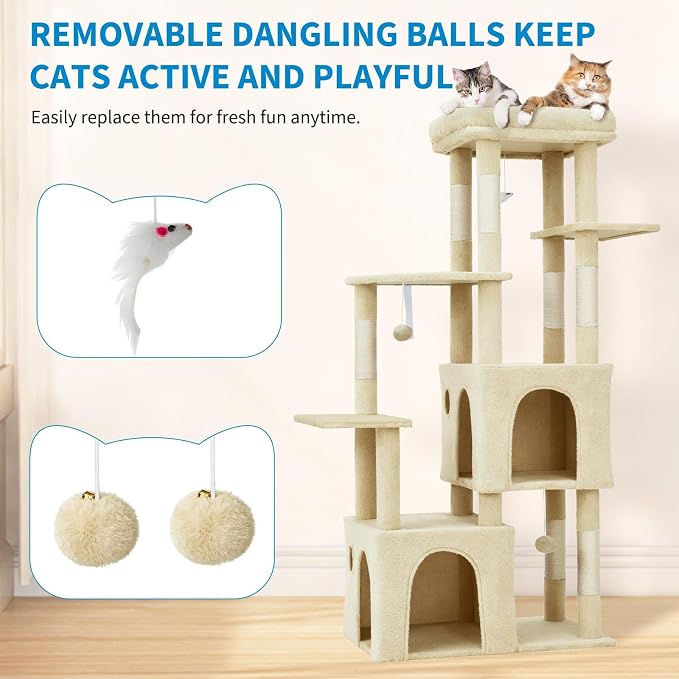 61" Large Cat Tree Tower for Indoor Cats, Heavy-Duty Multi-Level Cat Condo for Maine Coon & Big Cats with Extra-Large Perch, 2 Spacious Houses, Sisal Scratching Posts & Hanging Toys - Beige