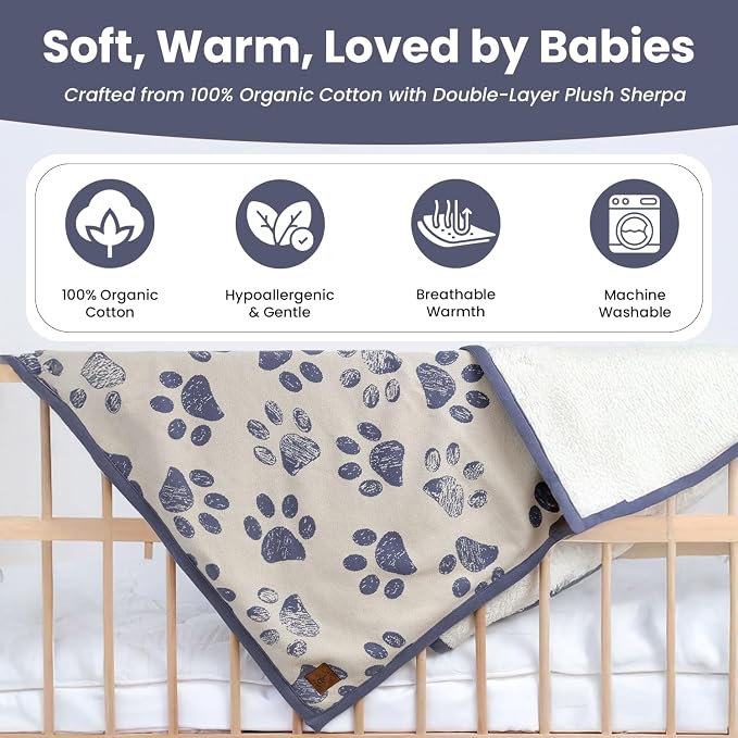 Small Pet Blanket - 100% Organic Cotton, Double Layer Plush Sherpa, Soft Plush, Blue Paw Jacquard Knit, 30"x40", Small Dog Blanket, Ideal Cat Blanket - Soft and Warm