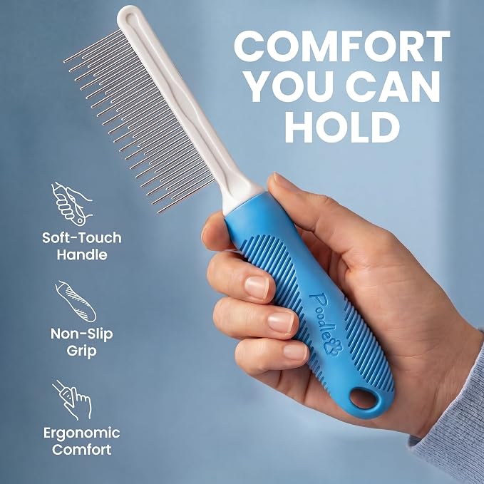 Poodle Grooming Comb - Metal Dematting Comb with Long & Short Stainless Steel Teeth for Removing Matted Hair & Knots, Safe and Gentle for Dogs & Cats