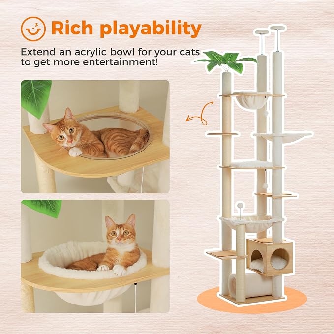 PEQULTI Floor to Ceiling Cat Tree, 93-101'' Adjustable Wooden Tower, Beige | Tri-column tower with ceiling posts & wall straps; 7 levels, condo, large hammock, 6 sisal posts & perches for adult cats