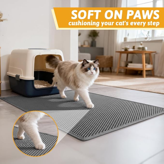 Pieviev Cat Litter Mat, Double-Layer Waterproof Litter Trap, 36" x 30" Gray | Honeycomb Design Catches Scattered Particles to Stop Tracking, Urineproof Base Protects Floors, Easy to Clean