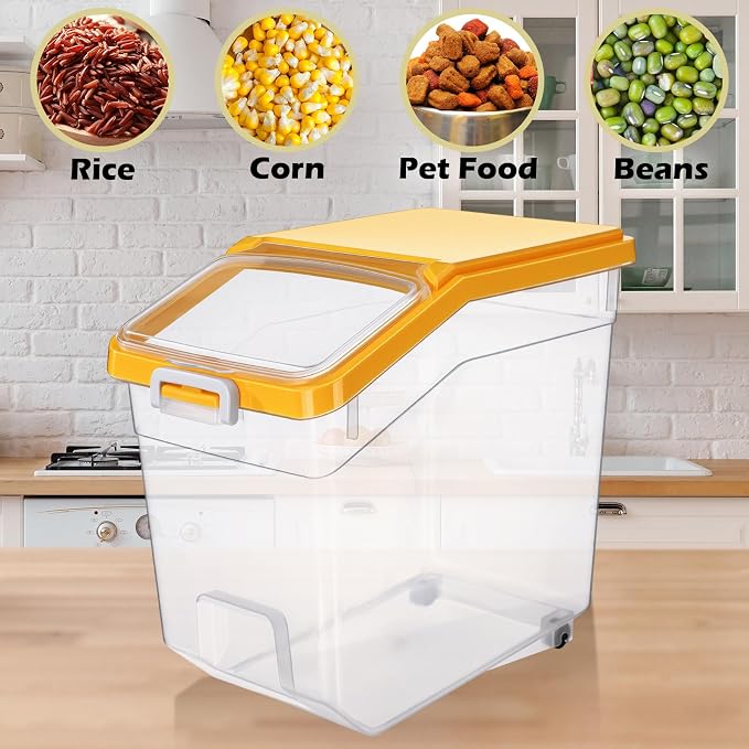 Sunnyray 4 Pcs Rice Storage Container 38 lb Flour Container with Wheels Measuring Cup Clear Pet Food Bin Dog Bird Cat Food Bin Grain Cereal Organizer Box for Dry Baking Supplies(Yellow Lid)