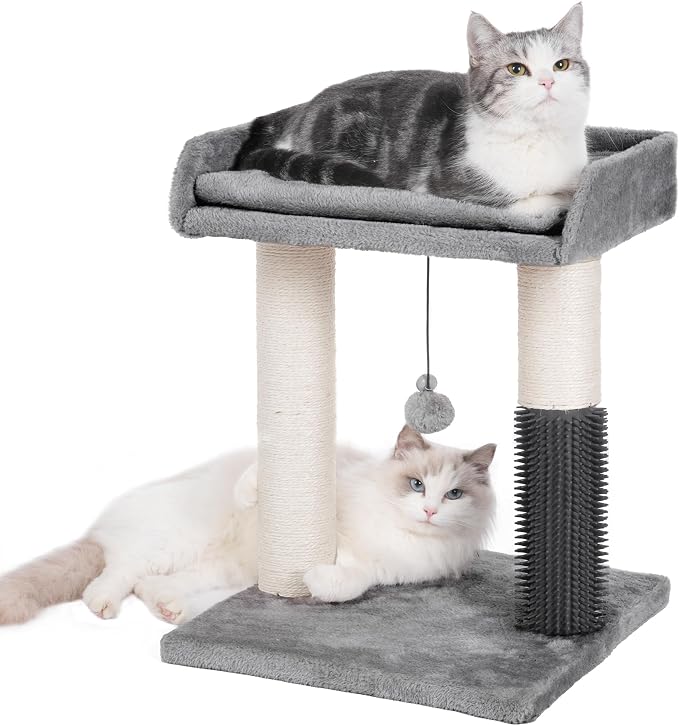 Cat Scratching Post Small Cat Tree with Cat Self Groomer, 15.7x13.7” Wide Top Bed, Natural Scratch Post and Danging Ball Great for Kittens and Average Indoor Cats-Medium Grey