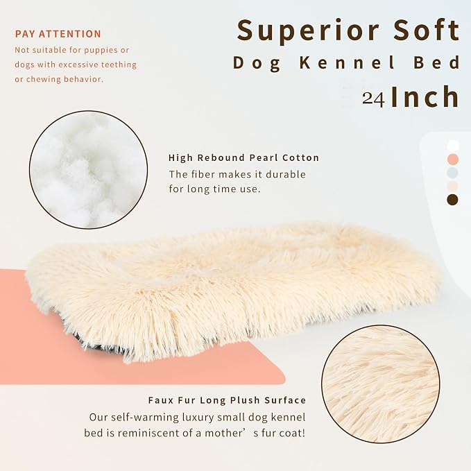nononfish Dog Crate Bed for Small Dogs Washable Orthopedic Flat for Inside Crate Cages Kennel House Sofa Plush Comfy Sleeping Beige,24 in