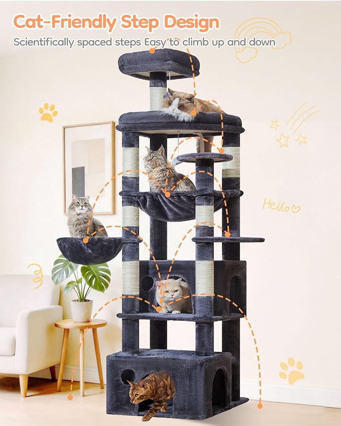 Taoqimiao 76.8in Cat Tree, Heavy Duty Tall Cat Tower for Large Cats F40G | Easy Climbing, Extra Large Sturdy Base, Multi-level Tower, 7 Scratching Posts, Large Hammock, 2 Houses, 2 Perches