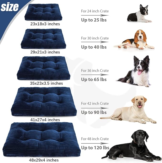 KSIIA Washable Dog Crate Bed Kennel Mat for Large Dogs,41 x 27 Inch, Blue | 3in thick soft PP filling,Elastic rebound,300gsm shed-proof flannel,Soft skin-friendly,Anti-slip bottom,Machine washable