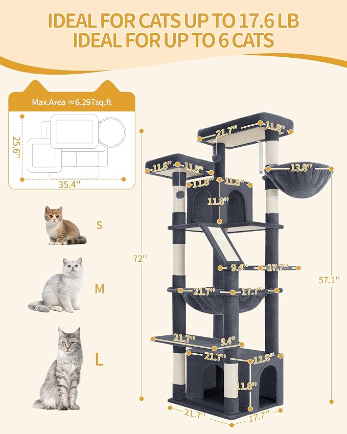 Hzuaneri Large Cat Tree, 72 Inch Tall Multi-Level Cat Tower for Indoor Cats | Cat Condo Furniture with 6 with Sisal Scratching Posts, 2 Large Platforms, 2 Cats House, Hanging Basket, Dark Gray MS18318SG
