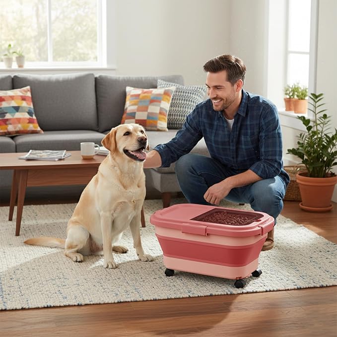 Summark 15 Lbs Dog/Cat Food Storage Container,Collapsible Food Storage Containers with Rolling Wheel Airtight Locking Lid,Pet Food Storage Container with Cup and Scoop,Pink
