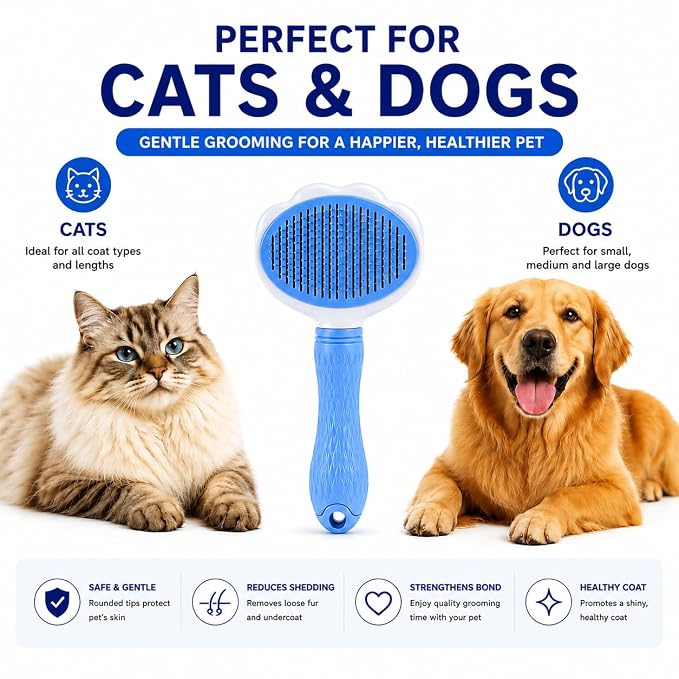 Cat Brush for Shedding & Dog Grooming, Self Cleaning Slicker Brush, Deshedding Tool with Easy Release Button, Rounded Stainless Steel Pins for Long & Short Hair Pets (Blue)